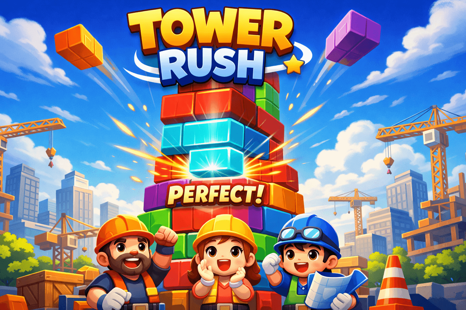 Torre colorida em construção com personagens divertidos